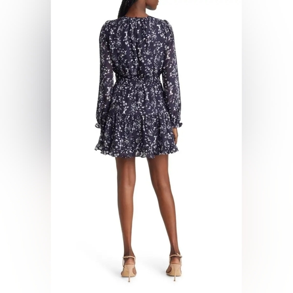Lulu's Navy Blue Floral Chiffon Smocked Ruffle Too Cute Long Sleeve Mini Dress - Picture 4 of 16